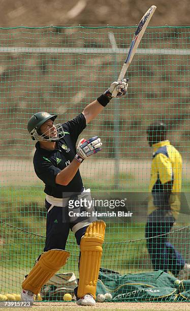Brad Hodge of Australia bats during training at La Sagesse Cricket Ground on April 18 in St George's, Grenada.