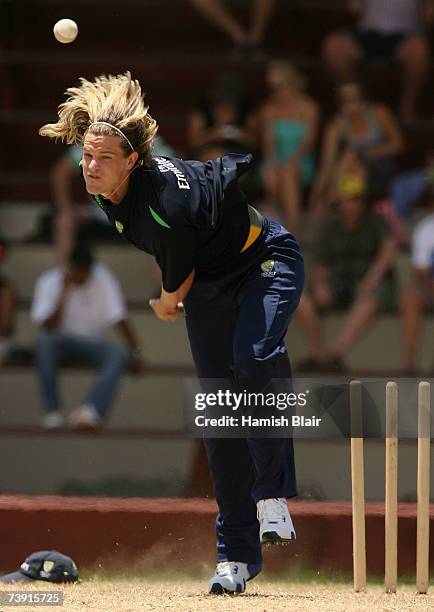 Nathan Bracken of Australia bowls during training at La Sagesse Cricket Ground on April 18 in St George's, Grenada.