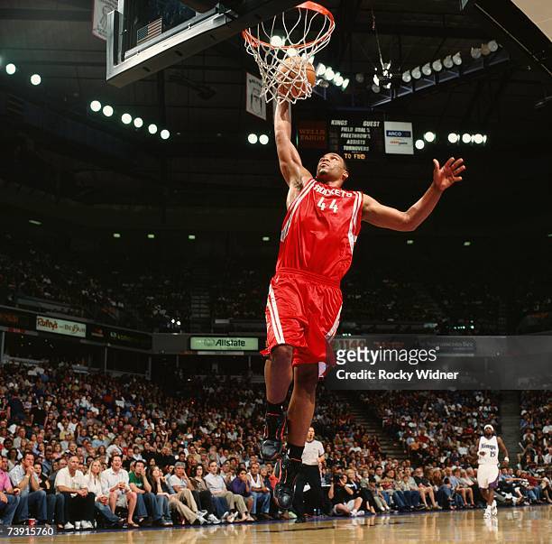 Chuck Hayes of the Houston Rockets takes the ball to the basket during a game against the Sacramento Kings at Arco Arena on April 8, 2007 in...