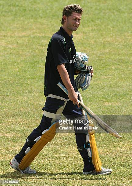 Michael Clarke of Australia leaves the nets during training at La Sagesse Cricket Ground on April 18 in St George's, Grenada.