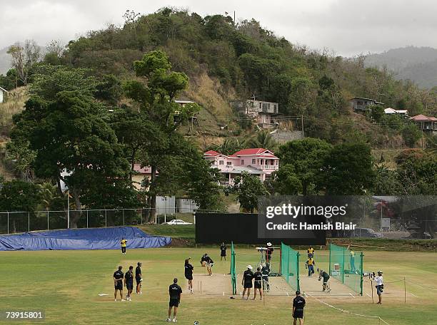 General view of the Australian Team in the nets during training at La Sagesse Cricket Ground on April 18 in St George's, Grenada.