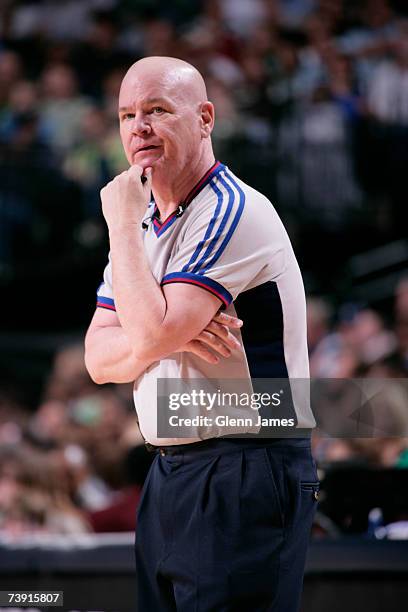 Official Joey Crawford stares at Tim Duncan of the San Antonio Spurs during action against the Dallas Mavericks April 15, 2007 at the American...