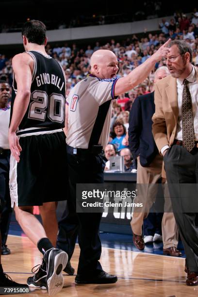 Official Joey Crawford ejects Tim Duncan of the San Antonio Spurs after Duncan's secound technical foul during NBA action against the Dallas...