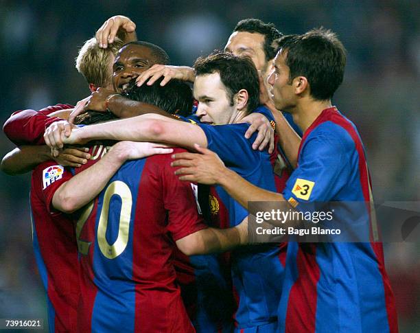 Barcelona players celebrate Lionel Messi's goal during the match between FC Barcelona and Getafe, of Copa del Rey, on April 18 played at the Camp Nou...