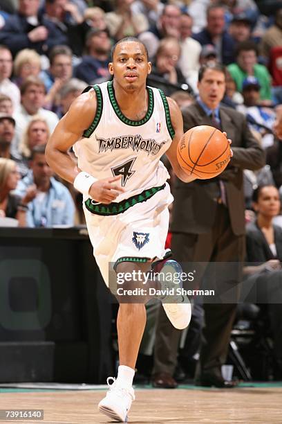 Randy Foye of the Minnesota Timberwolves moves the ball up court during a game against the New Orleans/Oklahoma City Hornets at the Target Center on...