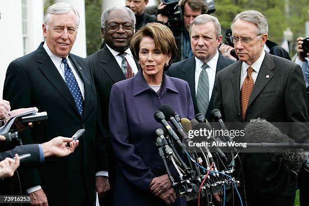 House Speaker Nancy Pelosi speak outside the White House as House Majority Leader Steny Hoyer , House Majority Whip James Clyburn , Senate Majority...