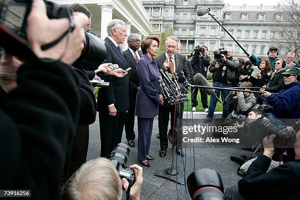 House Speaker Nancy Pelosi speak outside the White House as House Majority Leader Steny Hoyer , House Majority Whip James Clyburn , Senate Majority...