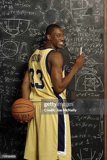 Thaddeus Young, college basketball player at Georgia Institute of Technology poses in front of a chalkboard on October 20, 2006 in Atlanta, Georgia....