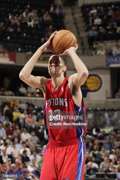 Tayshaun Prince of the Detroit Pistons shoots a free throw during the game against the Indiana Pacers at Conseco Fieldhouse on April 3, 2007 in...