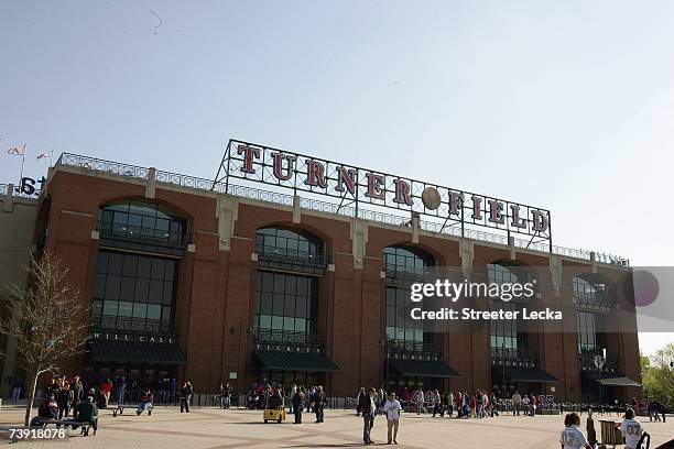 An exterior view of Turner Field before the start of the New York Mets versus Atlanta Braves during the Braves home season opening game at Turner...
