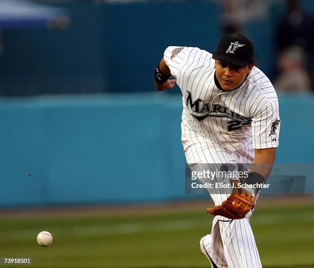 Third baseman Miguel Cabrera of the Florida Marlins misses fielding the ball and is charged with an error in the first inning against the New York...