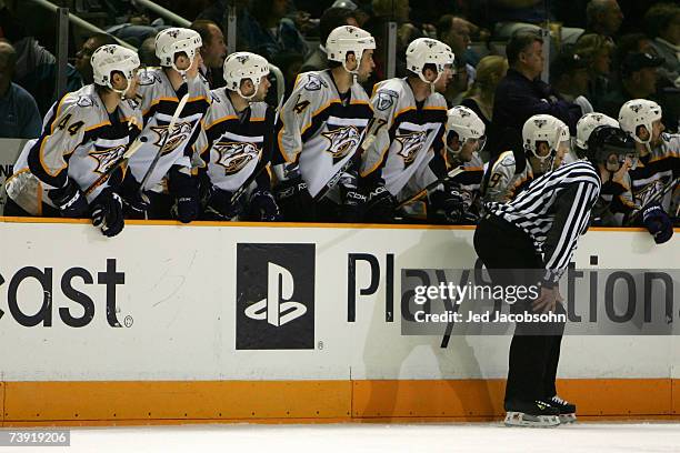 Members of the Nashville Predators look on from the bench against the San Jose Sharks during Game 4 of the 2007 Western Conference Quarterfinals on...