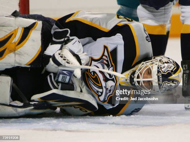 Goalie Tomas Vokun of the Nashville Predators makes a save against the San Jose Sharks during Game 4 of the 2007 Western Conference Quarterfinals on...