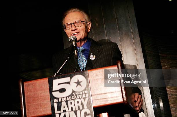 Talk show host Larry King speaks to his guests at 'Larry King's 50 Years of Broadcasting' celebration at The Four Seasons Restaurant April 18, 2007...