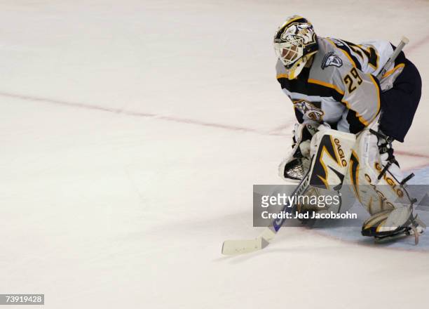 Goalie Tomas Vokun of the Nashville Predators looks on against the San Jose Sharks during Game 4 of the 2007 Western Conference Quarterfinals on...