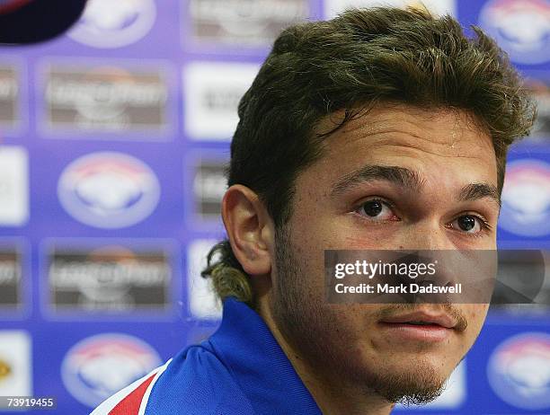 Jarrod Harbrow of the Bulldogs speaks with media at a press conference after a Western Bulldogs AFL training session at Whitten Oval on April 19,...