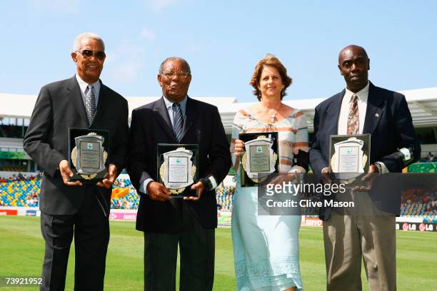 Sir Garfield Sobers, Sir Everton Weekes, Kathryn Ward and Denis Depeiaza receive awards as West Indies cricket record holders during the ICC Cricket...