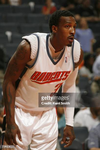 Gerald Wallace of the Charlotte Bobcats watches the action against the Atlanta Hawks during the NBA game at Charlotte Bobcats Arena on March 28, 2007...