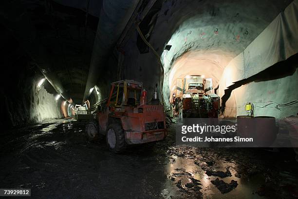 Caterpillars are operate inside the construction site for the Gotthard Base Tunnel on April 19, 2007 near Sedrun, Switzerland. Deep beneath the Alps,...