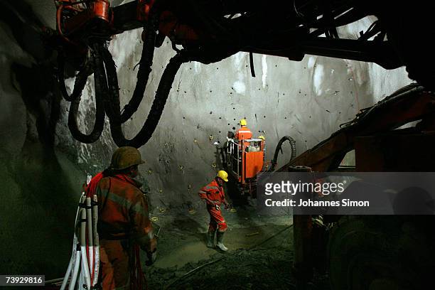 Miners prepare a stone wall for detonation at the construction site for the Gotthard Base Tunnel on April 19, 2007 near Sedrun, Switzerland. Deep...