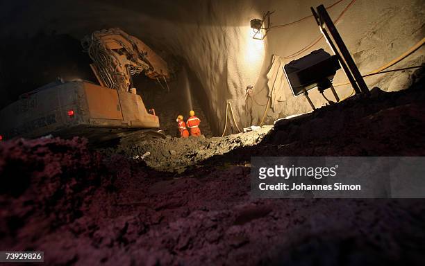 Giant drill removes Alpine rocks at the construction site for the Gotthard Base Tunnel on April 19, 2007 near Sedrun, Switzerland. Deep beneath the...