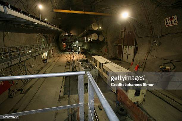 Interior view of the construction site for the Gotthard Base Tunnel on April 19, 2007 near Sedrun, Switzerland. Deep beneath the Alps, the Swiss are...