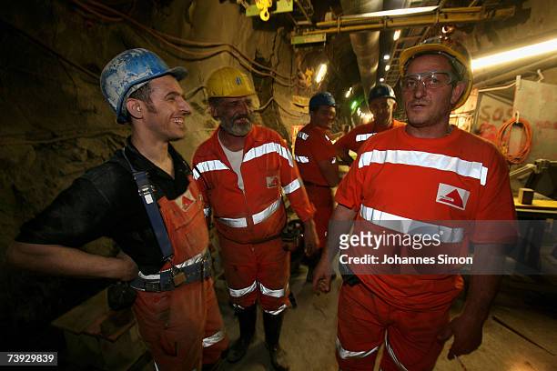 Miners take a break at the construction site for the Gotthard Base Tunnel on April 19, 2007 near Sedrun, Switzerland. Deep beneath the Alps, the...