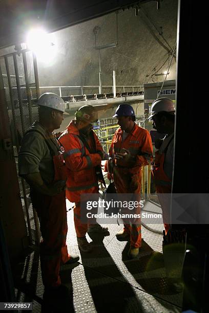 Miners return to work at the construction site for the Gotthard Base Tunnel on April 19, 2007 near Sedrun, Switzerland. Deep beneath the Alps, the...