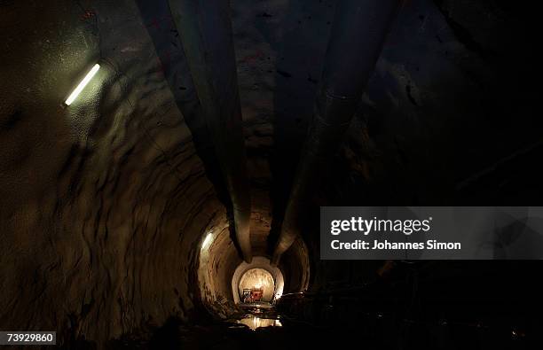 Interior view of one of the two main railway tunnels at the construction site for the Gotthard Base Tunnel on April 19, 2007 near Sedrun,...