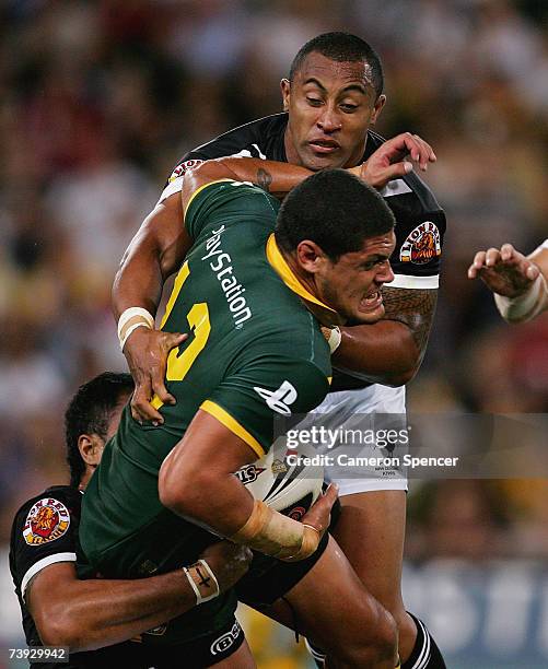 Willie Mason of the Kangaroos is tackled during the ARL Bundaberg Test match between the Australian Kanagroos and the New Zealand Kiwis at Suncorp...