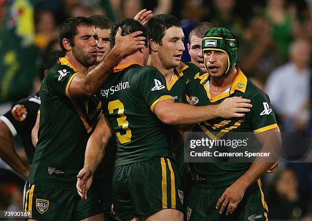 Kangaroos players celebrate a try during the ARL Bundaberg Test match between the Australian Kanagroos and the New Zealand Kiwis at Suncorp Stadium...