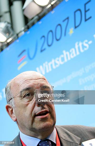 Joaquin Almunia, Commissionier for Economic and Money Affairs,attend a press conference at the ECOFIN- meeting on April 20, 2007 in Berlin, Germany....