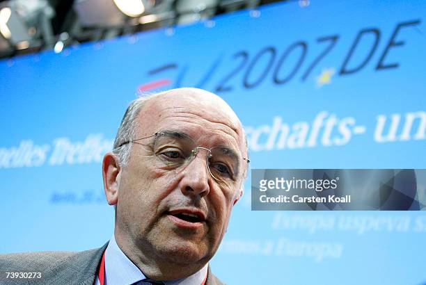Joaquin Almunia, Commissionier for Economic and Money Affairs,attend a press conference at the ECOFIN- meeting on April 20, 2007 in Berlin, Germany....