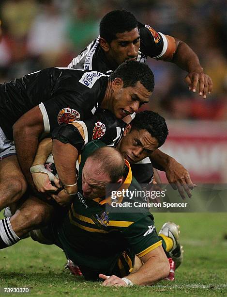 Luke Bailey of the Kangaroos is tackled during the ARL Bundaberg Test match between the Australian Kanagroos and the New Zealand Kiwis at Suncorp...