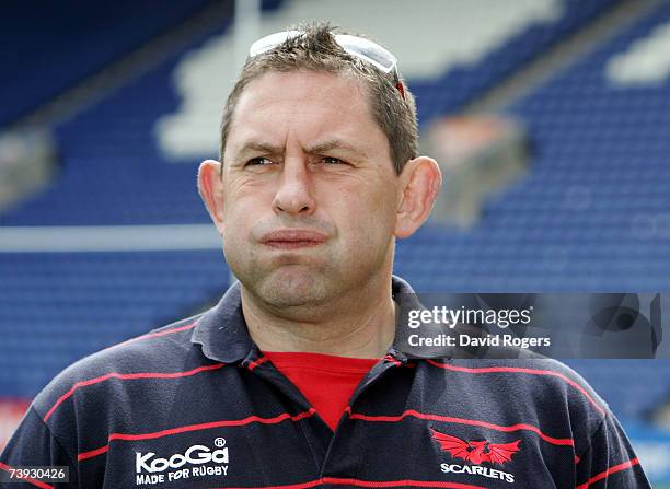 Phil Davies, the Llanelli Director of Rugby, look on at the Heineken Cup preview media day held at the Walkers Stadium on April 20, 2007 in...