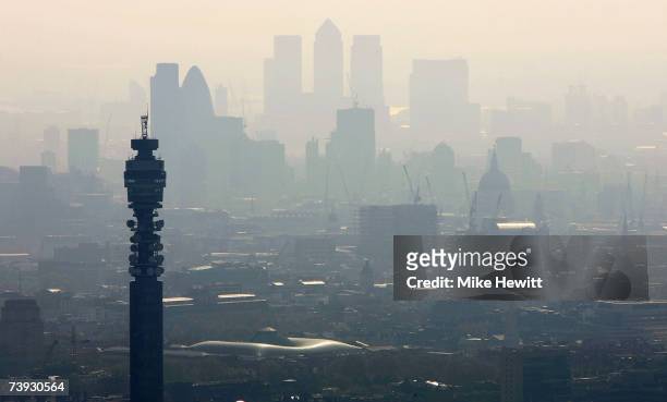 Air pollution hangs over the heart of London in this view of the BT Tower looking towards the city on April 20, 2007 in London, England.