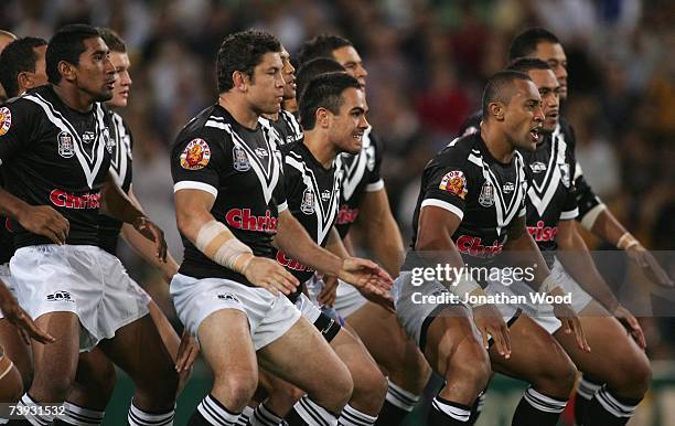 Roy Asotasi of the Kiwis performs the Haka with teammates during the ARL Bundaberg Test match between the Australian Kangaroos and the New Zealand...