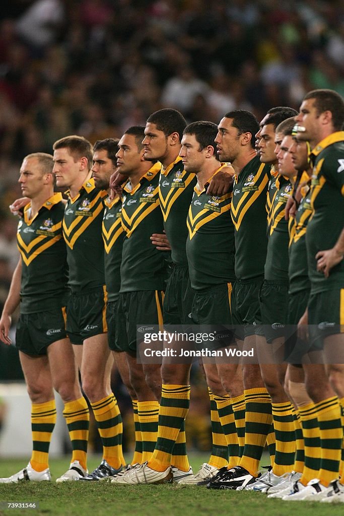 Australian High Raky Kangaroo players line up during the New Zealand Haka during the ARL ...