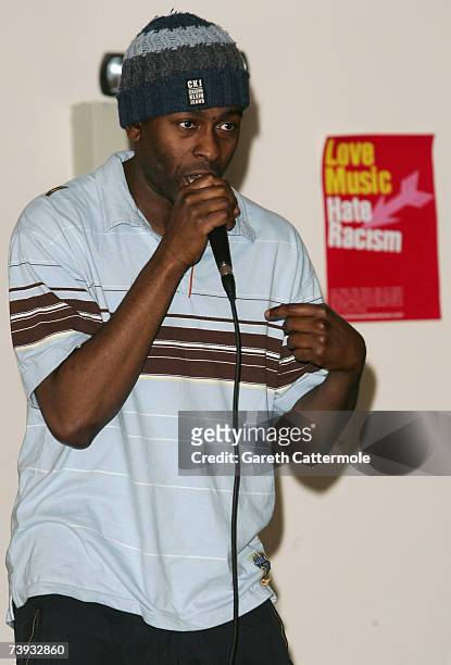 British grime crew Roll Deep perform live and take part in discussion with pupils about fighting racism at Robert Clack School on April 20, 2007 in...