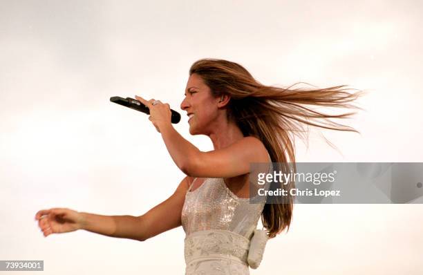 Celine Dion performing live at the Don Valley Stadium in Sheffield.