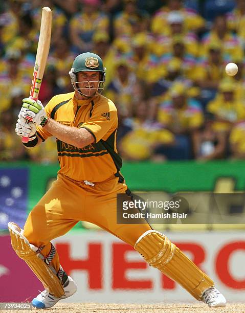 Matthew Hayden of Australia hits to cover during the ICC Cricket World Cup 2007 Super Eight match between Australia and New Zealand at the Grenada...