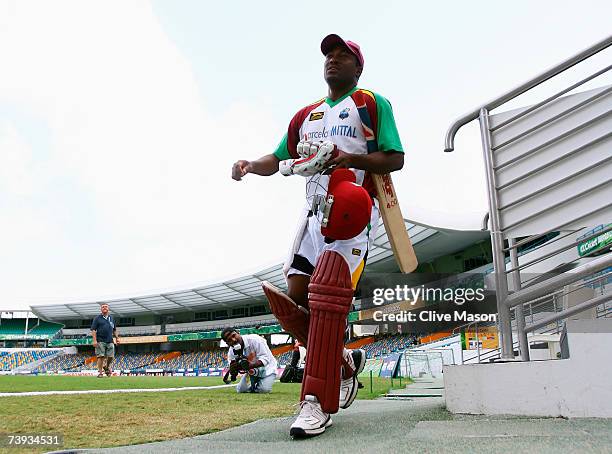 Brian Lara of West Indies walks to the nets during a West Indies team training session at the Kensington Oval on April 20, 2007 in Bridgetown,...