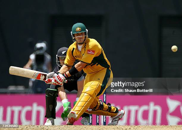 Shane Watson of Australia plays a shot during the ICC Cricket World Cup 2007 Super Eight match between Australia and New Zealand at the Grenada...