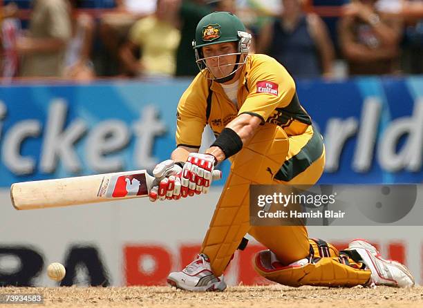 Shane Watson of Australia sweeps during the ICC Cricket World Cup 2007 Super Eight match between Australia and New Zealand at the Grenada National...