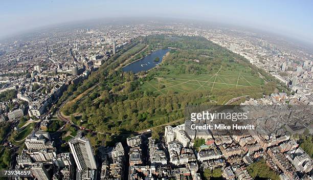 An aerial view of Hyde Park in the centre of London, England.