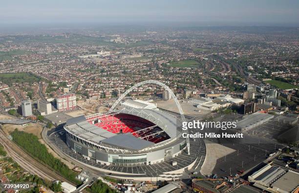 An Aerial view of the new Wembley Stadium on April 20, 2007 in Wembley, north-west London, England. The stadium has a capacity of 90,000 and will...