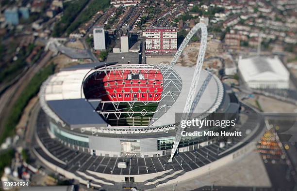 An Aerial view of the new Wembley Stadium on April 20, 2007 in Wembley, north-west London, England. The stadium has a capacity of 90,000 and will...