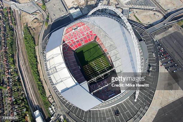 An Aerial view of the new Wembley Stadium on April 20, 2007 in Wembley, north-west London, England. The stadium has a capacity of 90,000 and will...