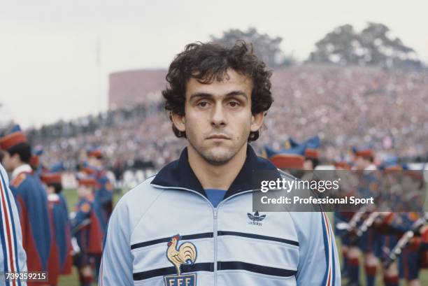 French professional footballer and captain of the France national football team, Michel Platini pictured during the playing of the national anthems...