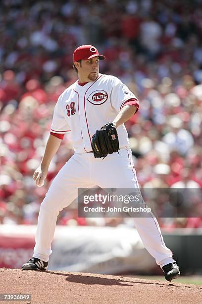 Aaron Harang of the Cincinnati Reds pitches during the game against the Chicago Cubs at Great American Ball Park in Cincinnati, Ohio on April 2,...